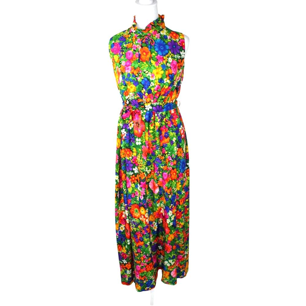 Vintage Dan Howard Maternity Bright Floral Dress Sleeveless Maxi 60s 70s Size 12